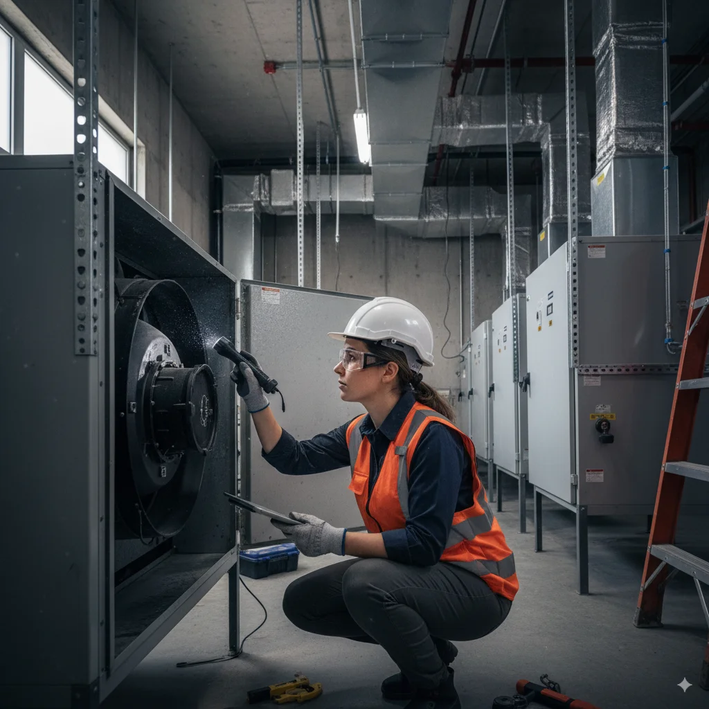 A technician inspecting air conditioning equipment